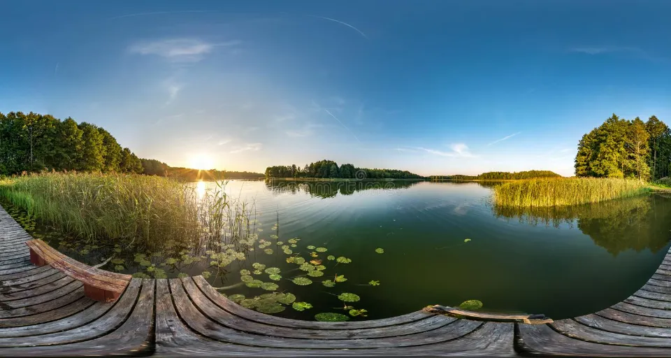 Wooden Dock by Šimon Plečka - A View of a Lake from a Wooden Dock (lake, boating, fishing, wooden, summer, rural, Europe ). add a rowboat and some fisherman, maintain the equirectangular image format