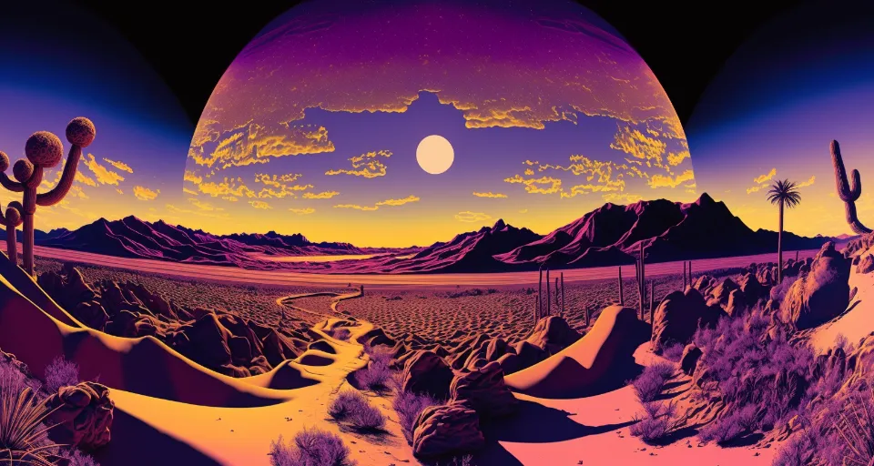 a painting of a desert landscape with mountains and cactus trees
