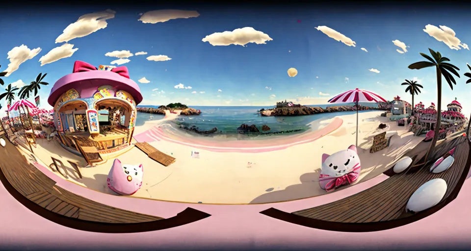 a fish eye view of a beach with hello kitty