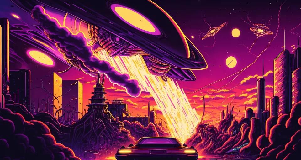 a car driving through a futuristic city at night