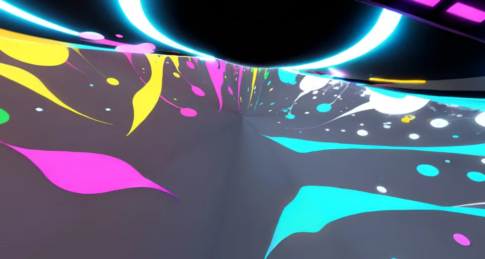 an abstract painting with bright colors and a black background