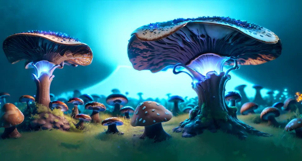 a group of mushrooms that are in the grass