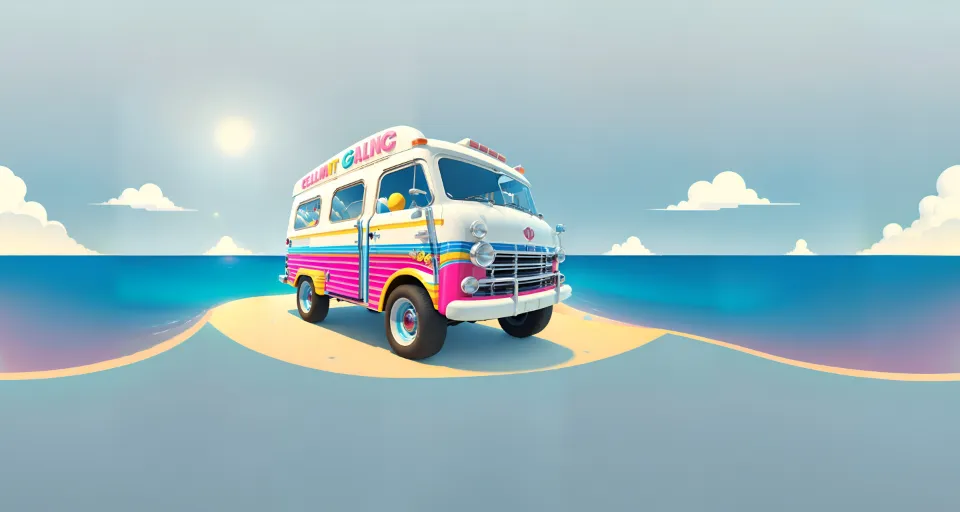 an ice cream truck is parked on the beach