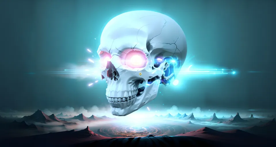 a digital painting of a skull with glowing eyes
