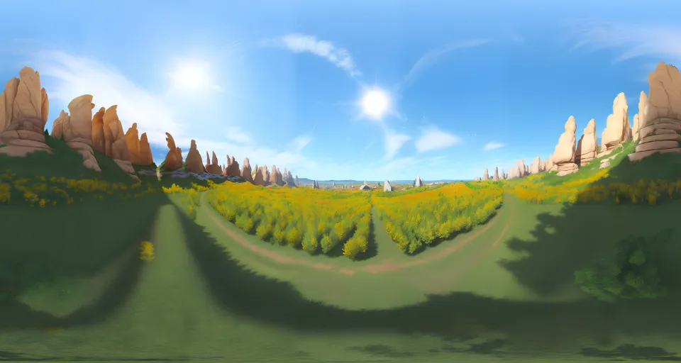 a digital painting of a field of yellow flowers