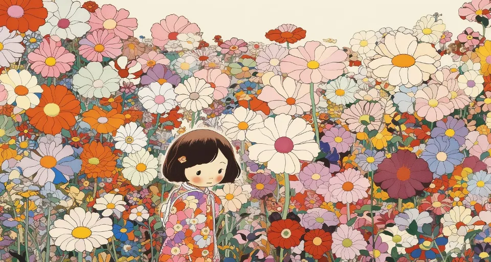 a painting of a girl in a field of flowers