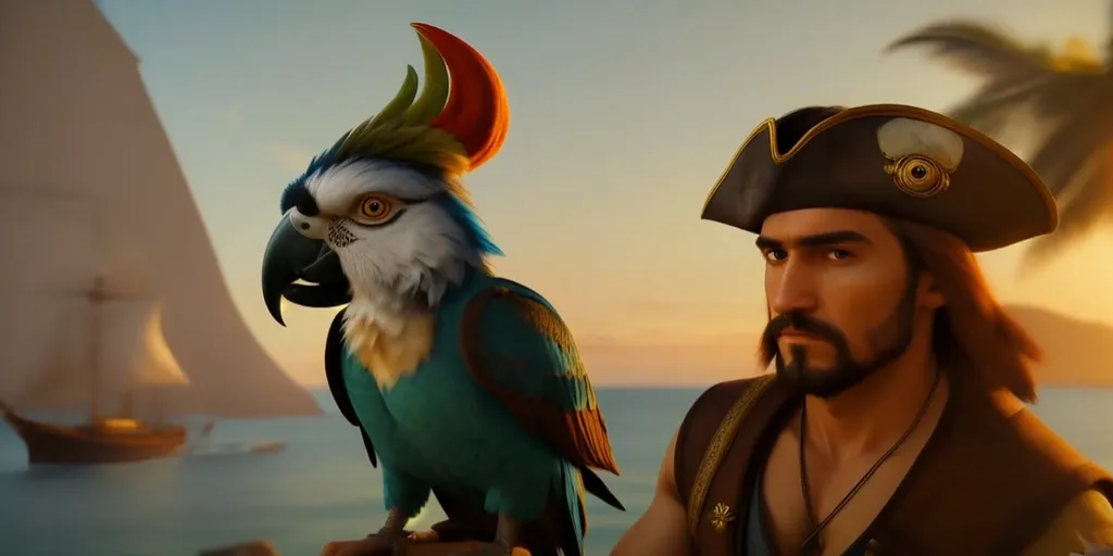 a man in a pirate costume next to a parrot