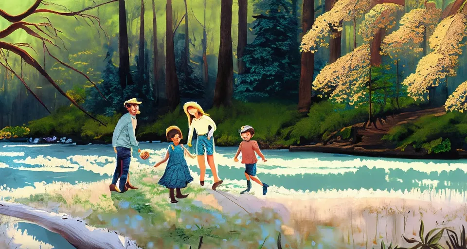 a painting of a family walking in the woods