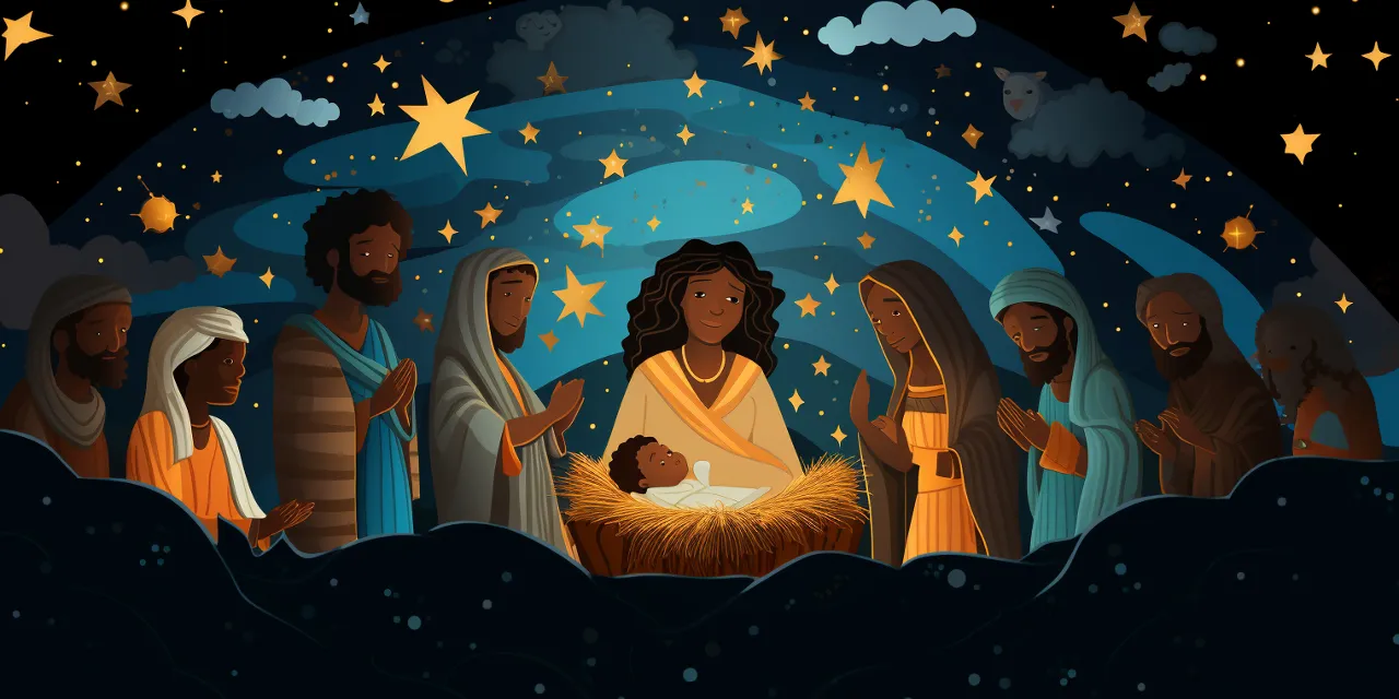 person of all saints is nativity with brown skin hebrew jesus and his family surrounded by stars around them, in the style of colorful cartoon, high detail, voluminous mass, sleek and stylized, use of fabric, dark yellow and light blue, vibrant illustrations 