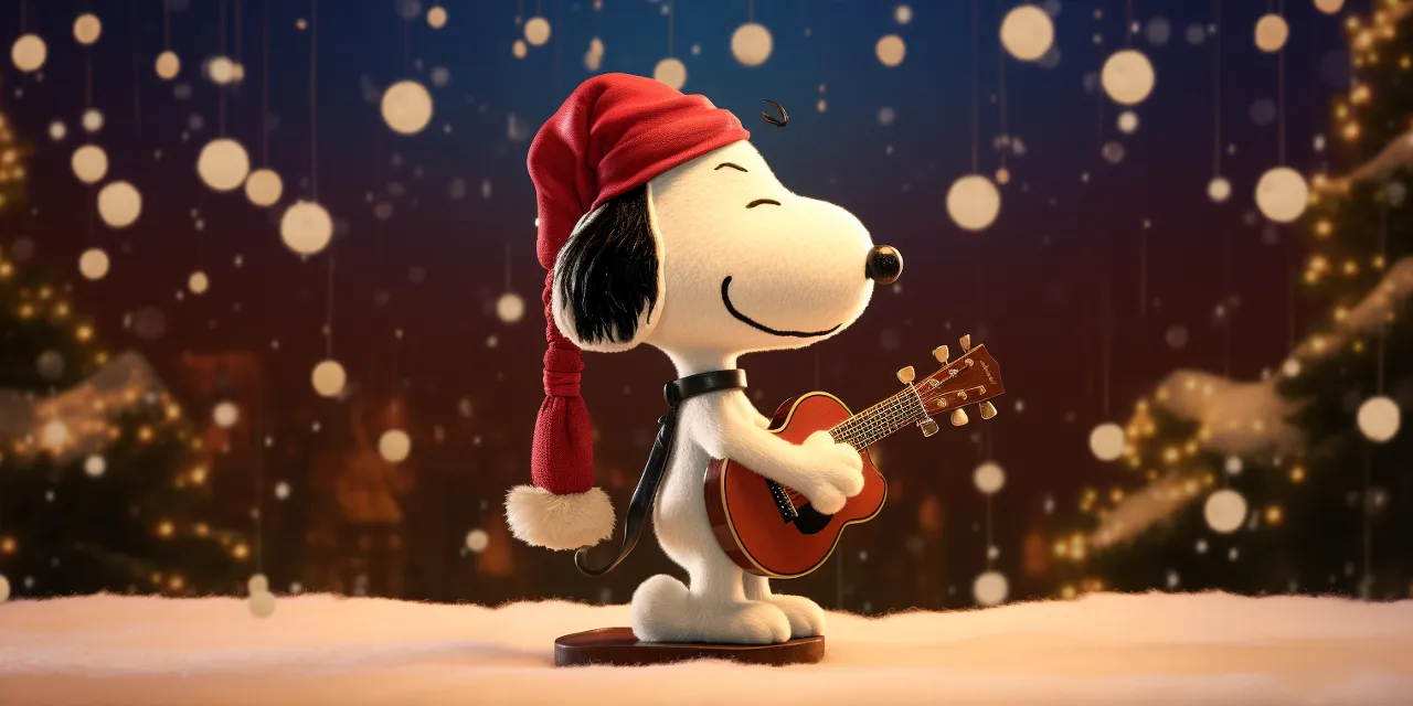 snoopy character singing and playing the guitar, in the style of snapshots of iconic hollywood stars, brown and black, contained chaos, associated press photo, character studies, magnified ornamentation, creative commons attribution, 32k