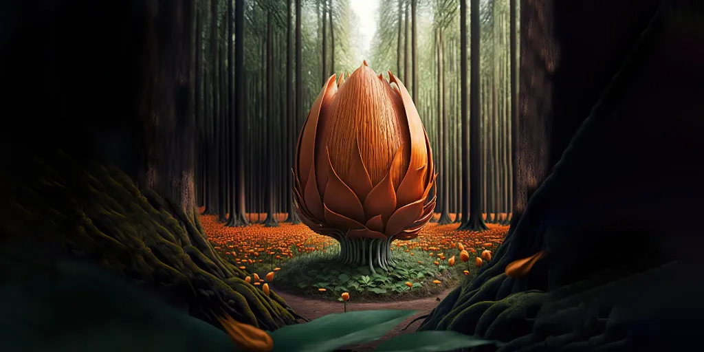 a large orange object in the middle of a forest. plant, organism, wood, terrestrial plant, biome, art, grass, tints and shades, gourd, natural landscape