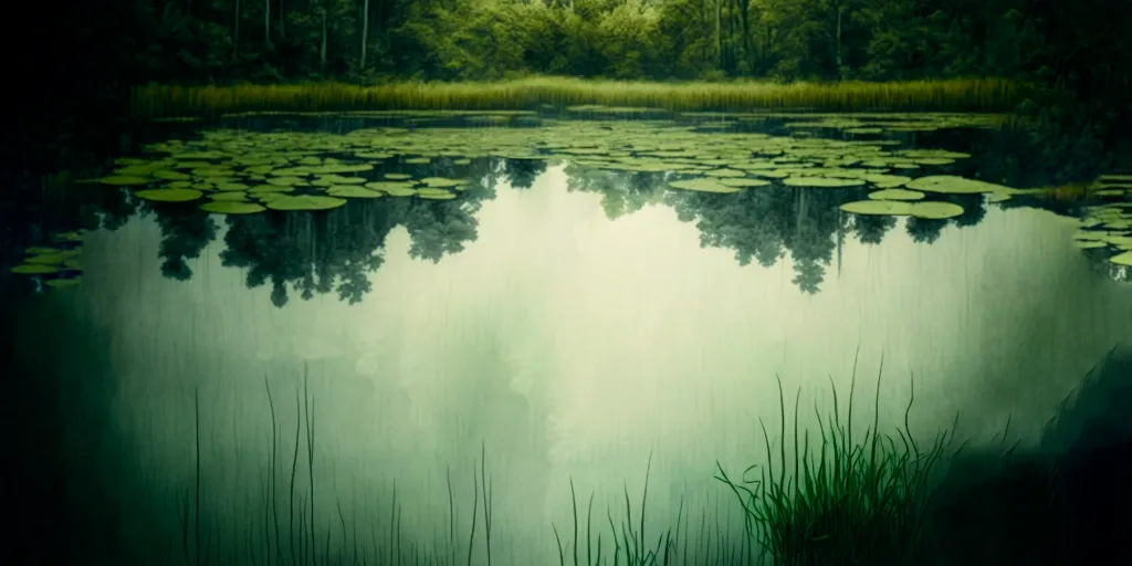 a painting of a pond with lily pads. water, water resources, plant, green, sky, nature, natural landscape, tree, lake, body of water