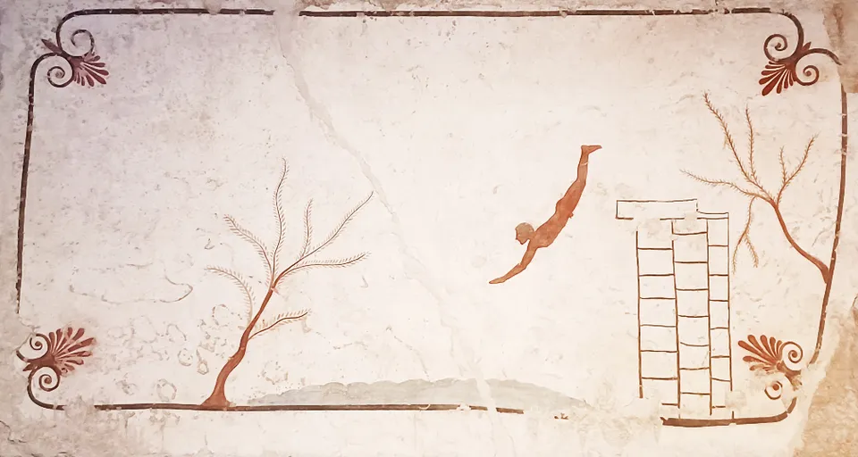 a painting of a man diving into a pool