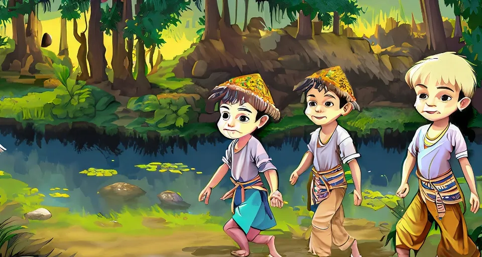 a group of children walking across a lush green forest