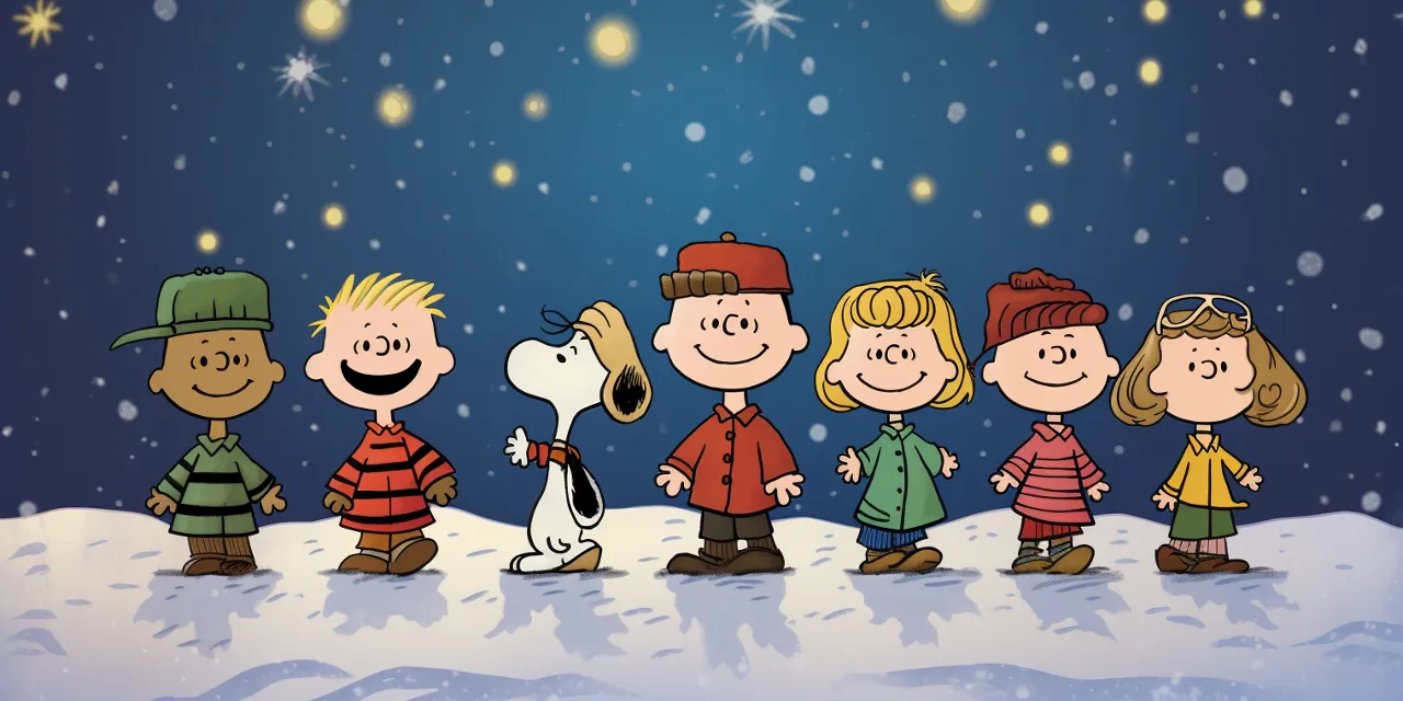 peanuts characters from charlie brown singing standing in the snow