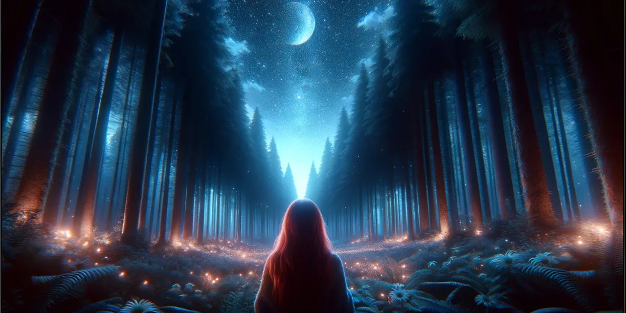 a woman standing in the middle of a forest at night