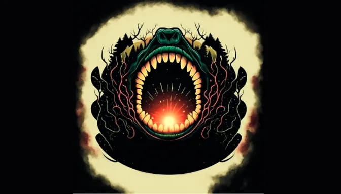 a picture of a monster with its mouth open. eye, iris, flash photography, art, eyelash, font, gas, circle, symmetry, darkness