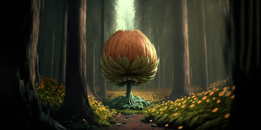 a painting of a giant flower in the middle of a forest. plant, botany, lighting, vegetation, grass, natural landscape, biome, art, painting, terrestrial plant