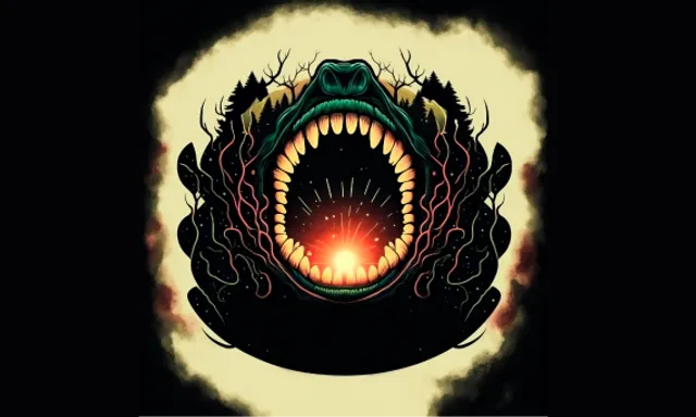 a picture of a monster with its mouth open. eye, iris, flash photography, art, eyelash, font, gas, circle, plant, fractal art