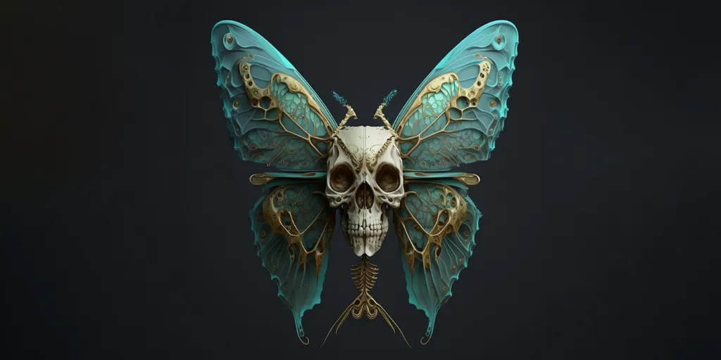 a skull with a butterfly wings on it. pollinator, butterfly, insect, arthropod, mythical creature, moths and butterflies, art, wing, supernatural creature, symmetry
