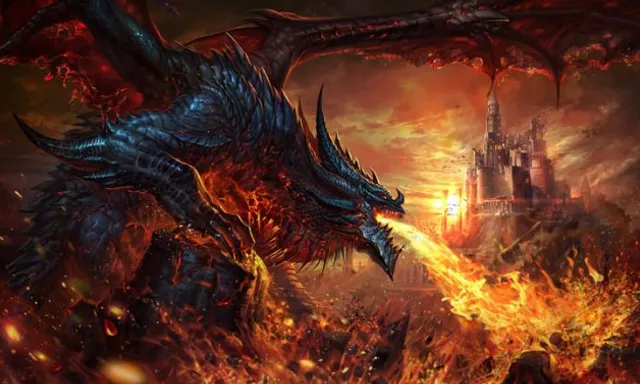 a dragon attacking a castle in the middle of a fire