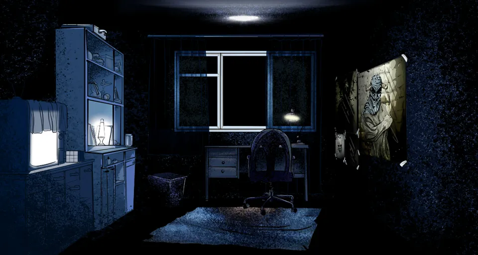 a dimly lit room with a desk and refrigerator