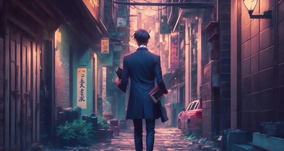 a man in a suit walking down a street