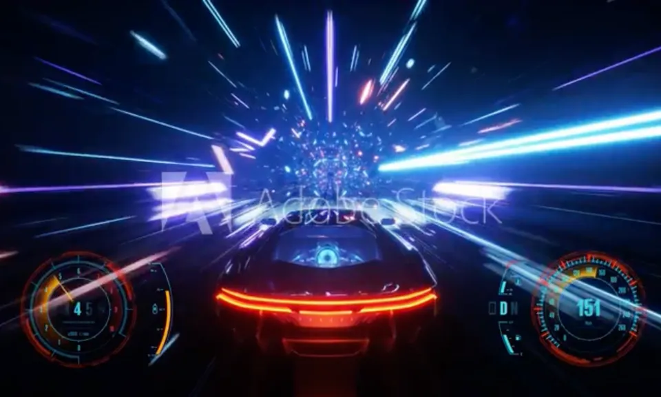 a car driving through a tunnel filled with neon lights. wheel, land vehicle, vehicle, plant, motor vehicle, automotive lighting, hood, automotive design, light, window
