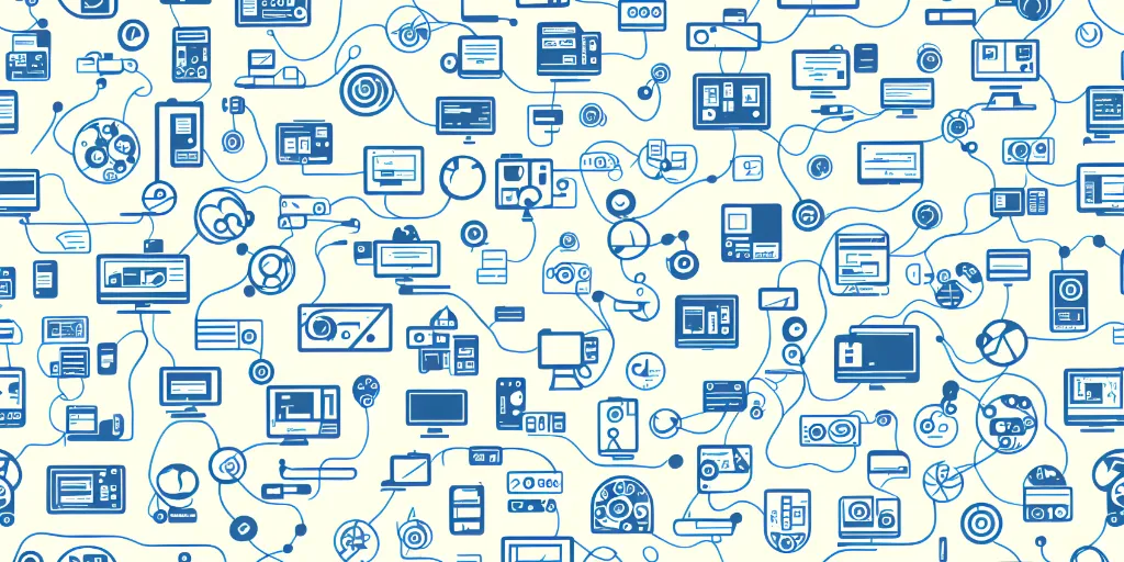 a blue and white background with many different devices