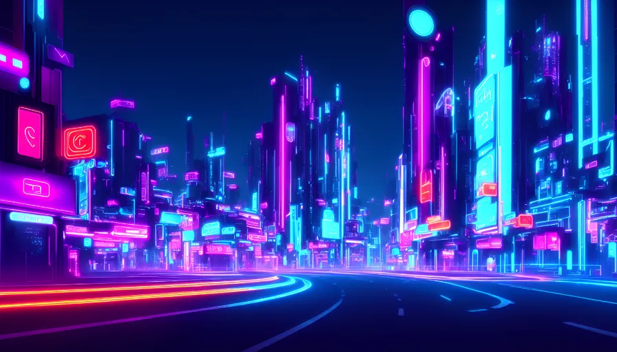 a futuristic city at night with neon lights