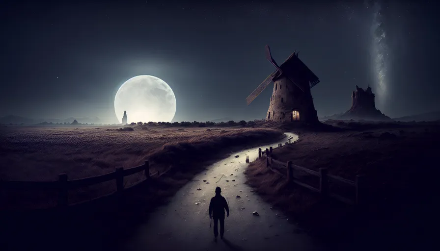 a man walking down a path towards a windmill