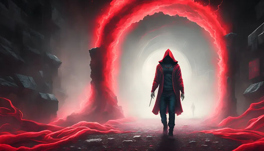 a man in a red hooded jacket walking through a tunnel