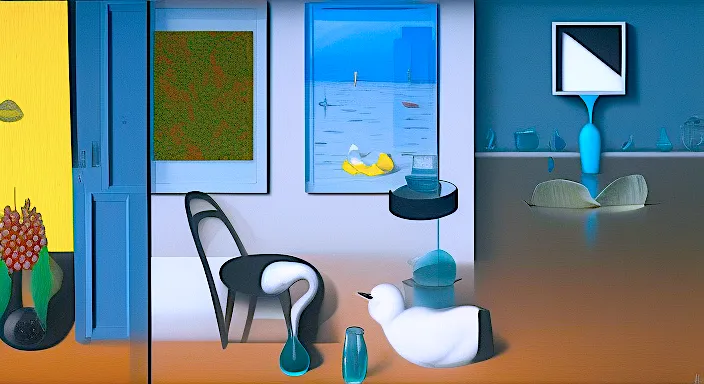 a painting of a living room with blue walls