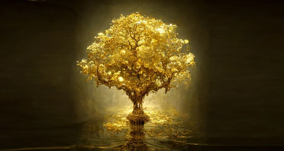 a golden tree in the middle of a dark room