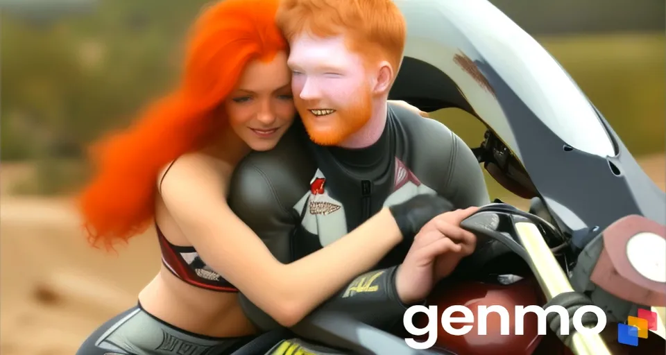 a woman with red hair hugging a man on a motorcycle