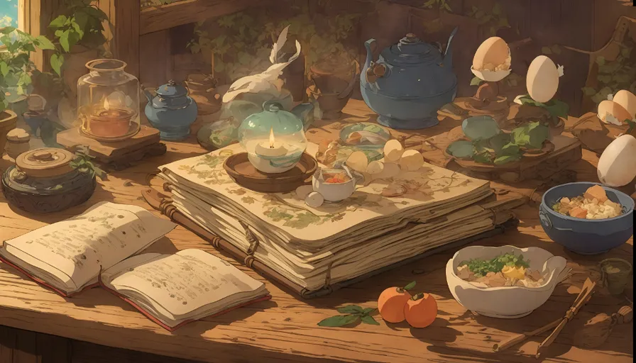 a table topped with lots of magic books and bowls of magic food