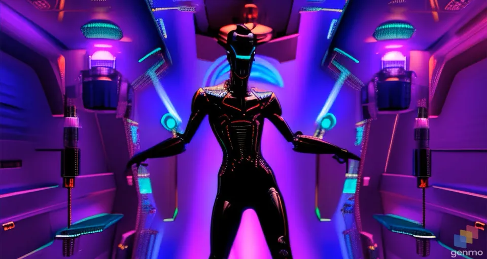 a woman in a futuristic space suit dance in a tunnel