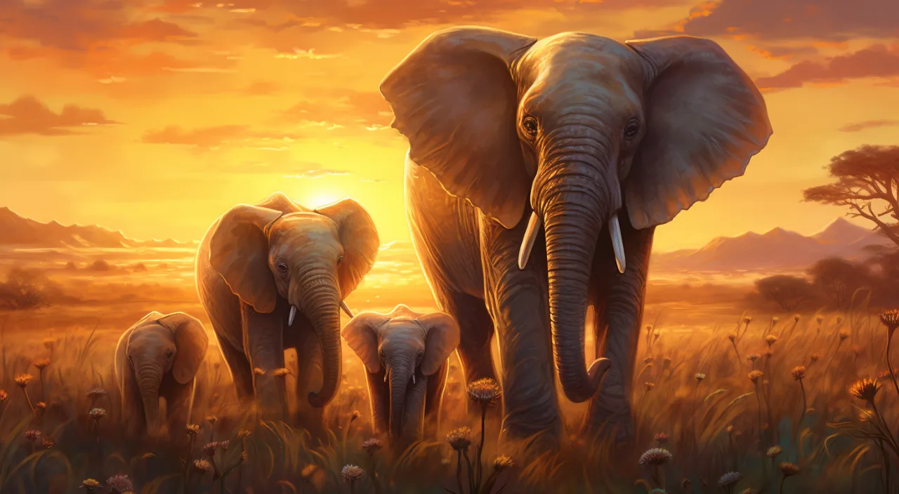 a painting of a family of elephants in a field