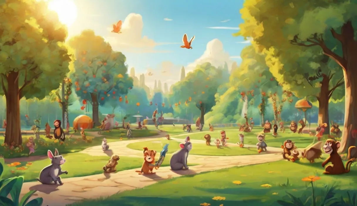 a painting of a park with many animals