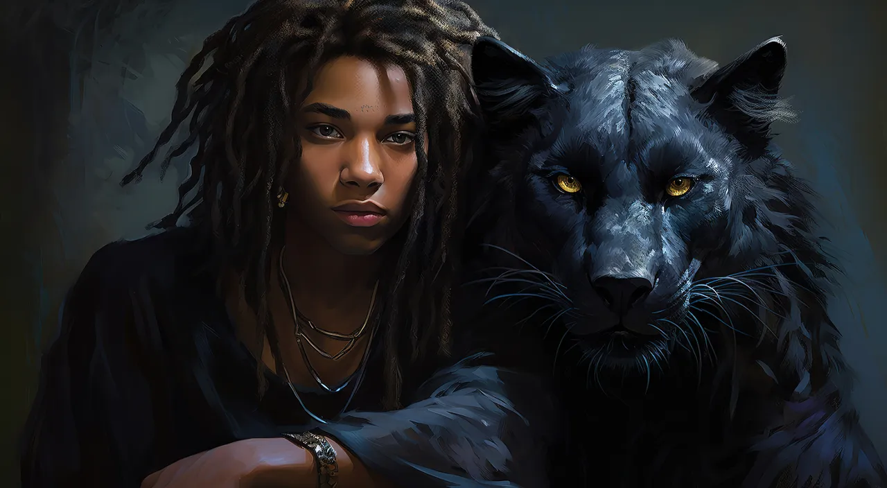 photographed by bess hamiti, a short 16 year old black dark skin tone young man with dreadlocks and his 400lbs pet black panther, new york nightclub scene background architecture ,in the style of charlie bowater, liam sharp, transcendent nature, petrina hicks, gemstone, characterized animals, captivating portraits, ue5, 32k