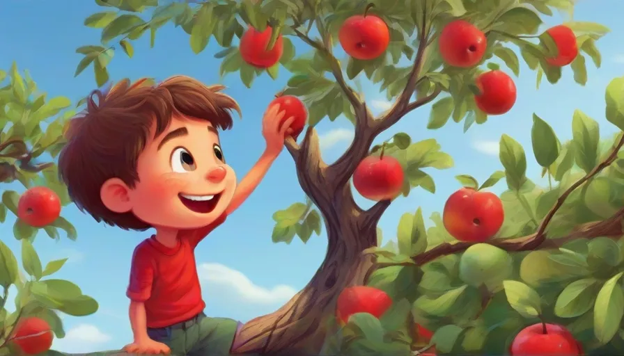 a young boy picking apples from a tree