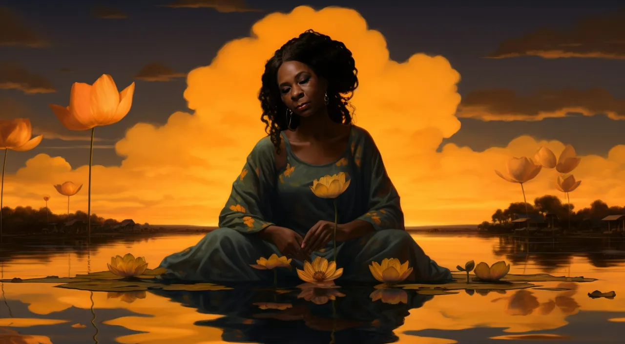 a painting of a woman sitting in a lotus position, in a bayou