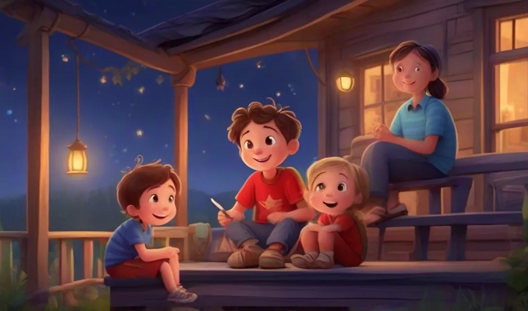 a family sitting on a porch at night