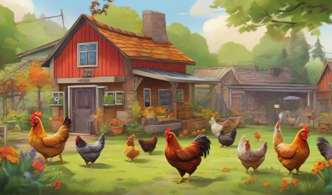 a painting of chickens in front of a house