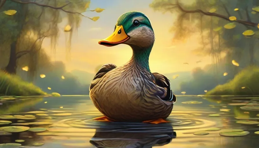 a painting of a duck sitting in a pond