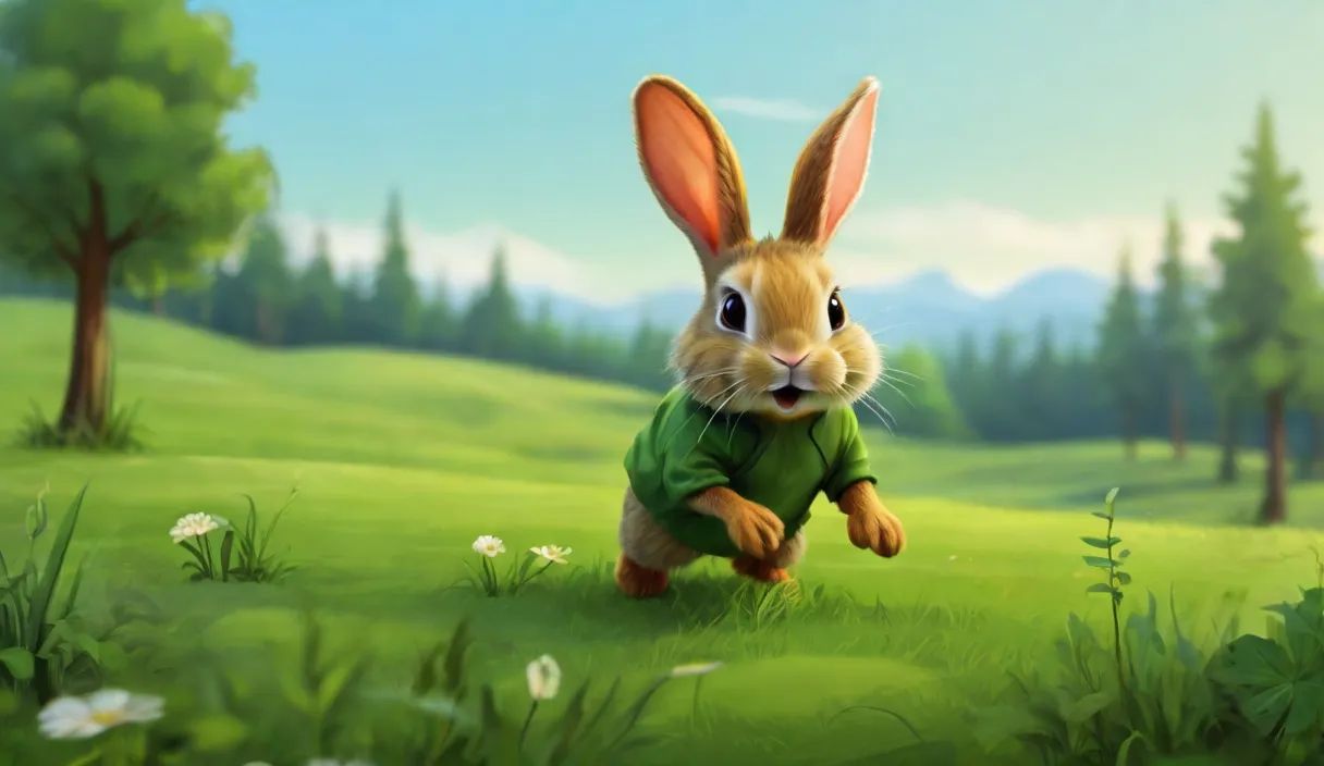 a rabbit in a green shirt running through a field