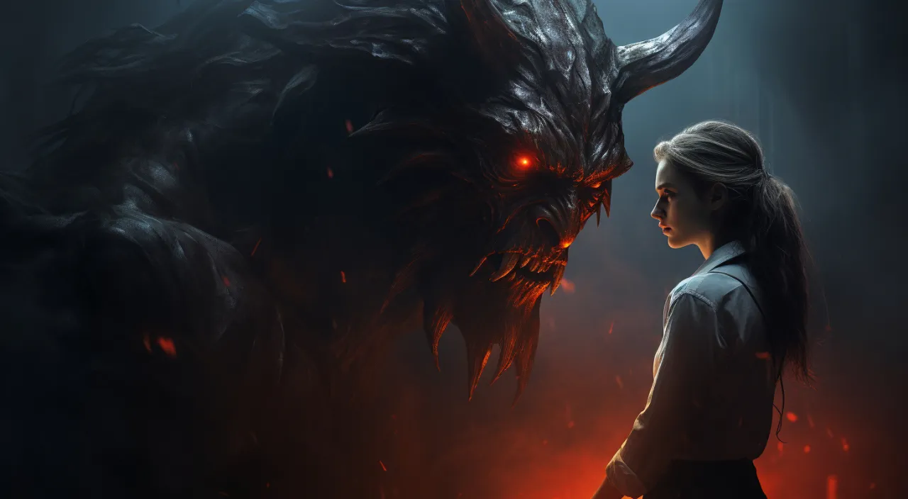 a woman standing in front of a demonic demon