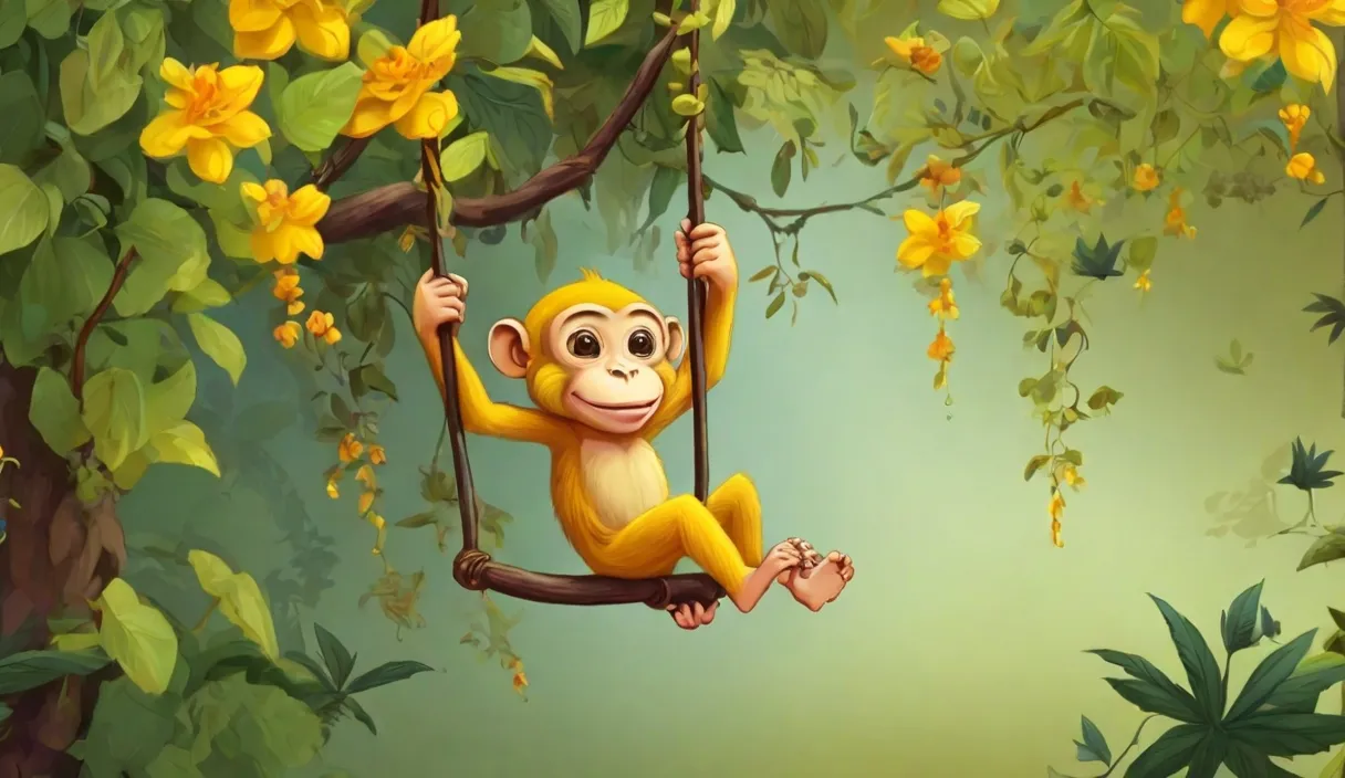 a monkey hanging from a tree branch in a jungle