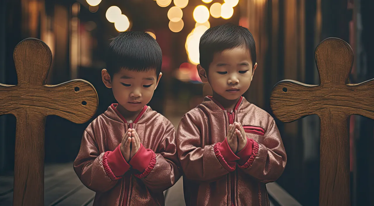 two young boys standing in front of a wooden cross