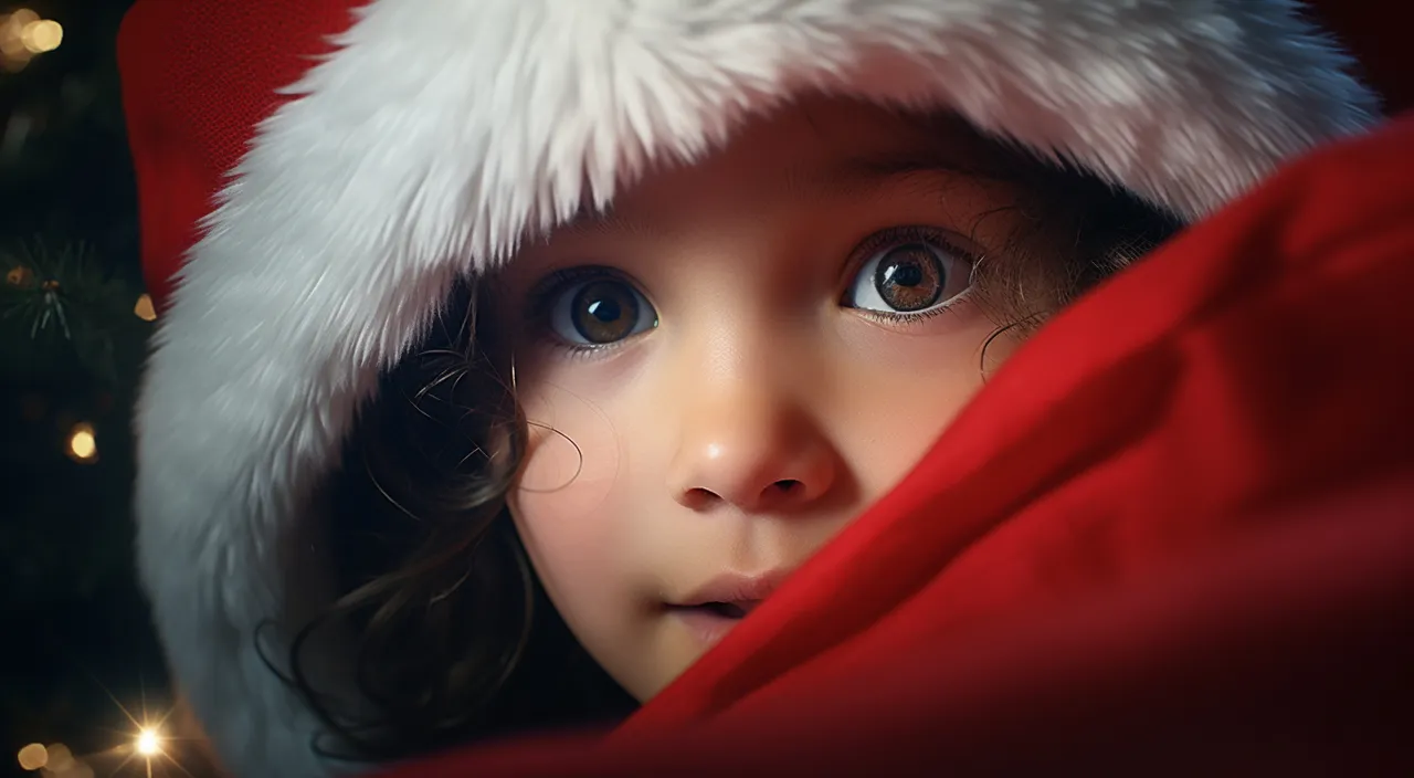 a little girl wearing a santa hat under a christmas tree